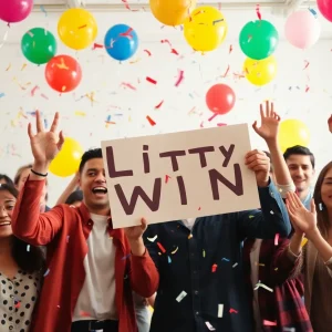 A group celebrating a lottery win with balloons and confetti.