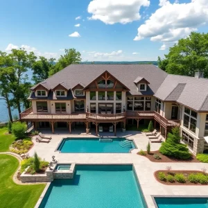 Exterior view of a luxury lakefront home in Michigan with lush landscaping.