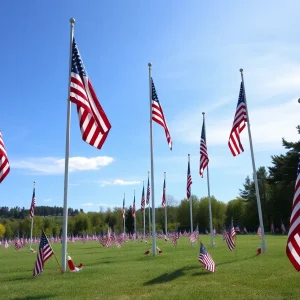 American flags at half-mast in a peaceful landscape