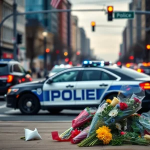 Flowers and police car at the intersection memorializing a fallen officer