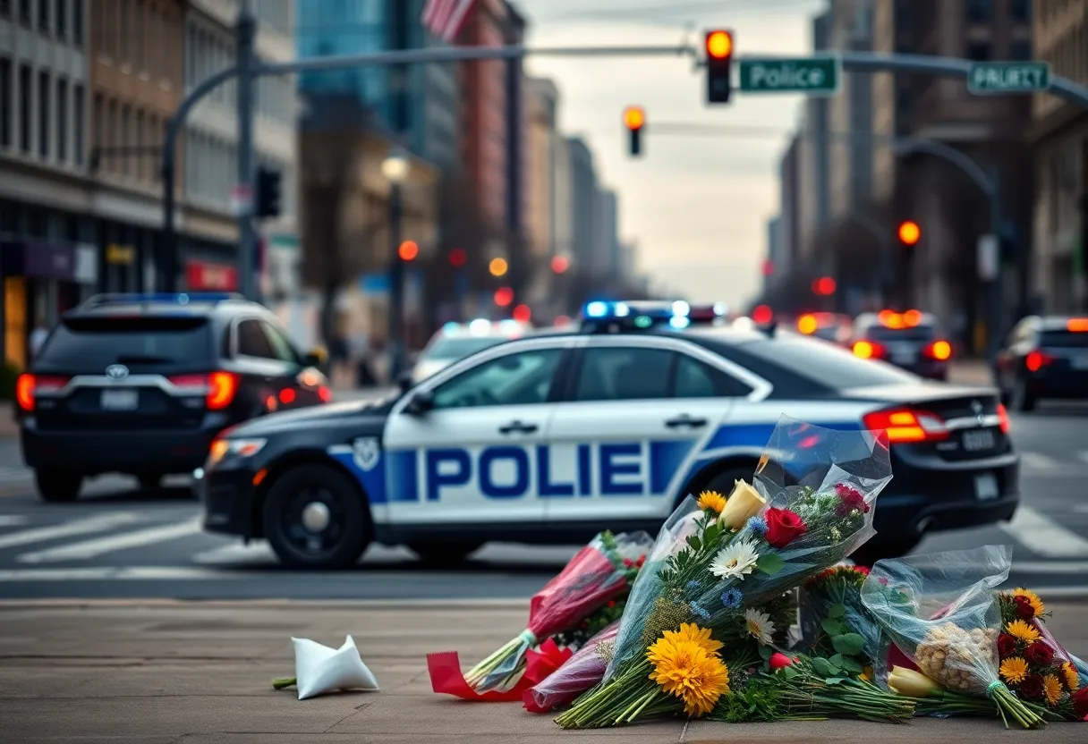 Flowers and police car at the intersection memorializing a fallen officer
