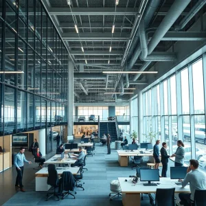 Mercedes-Benz corporate office building and employees working collaboratively