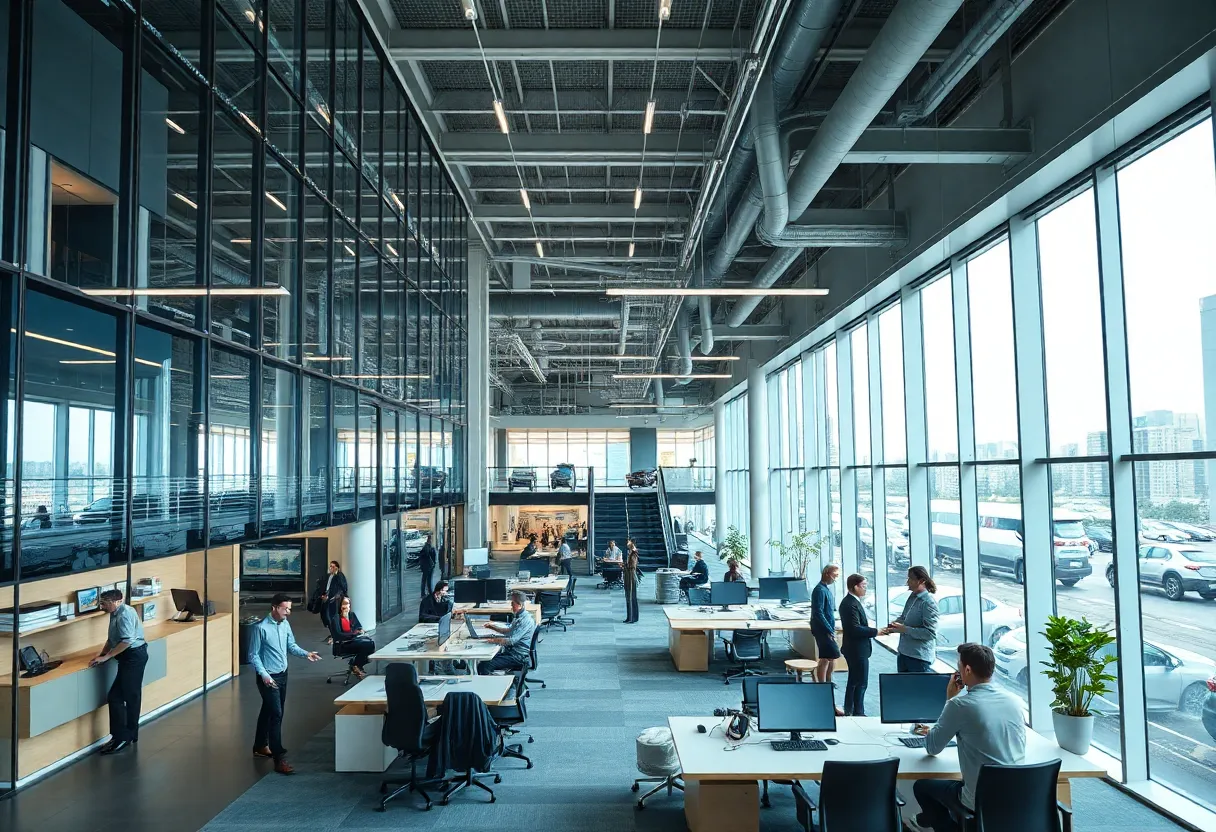 Mercedes-Benz corporate office building and employees working collaboratively