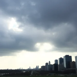Metro Detroit skyline under a cloudy sky