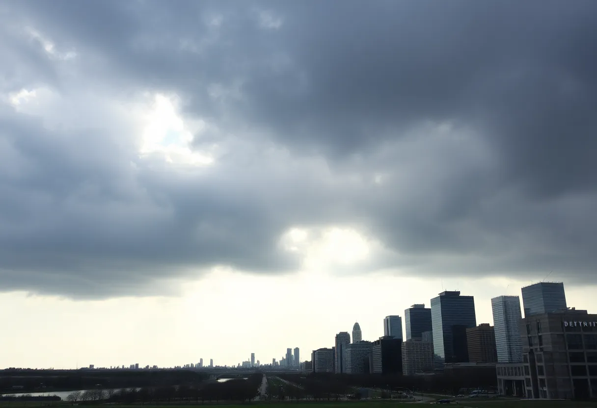 Metro Detroit skyline under a cloudy sky