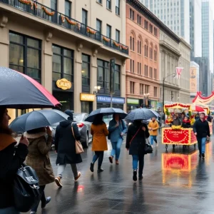 Metro Detroit cityscape under rainy skies with people attending a parade