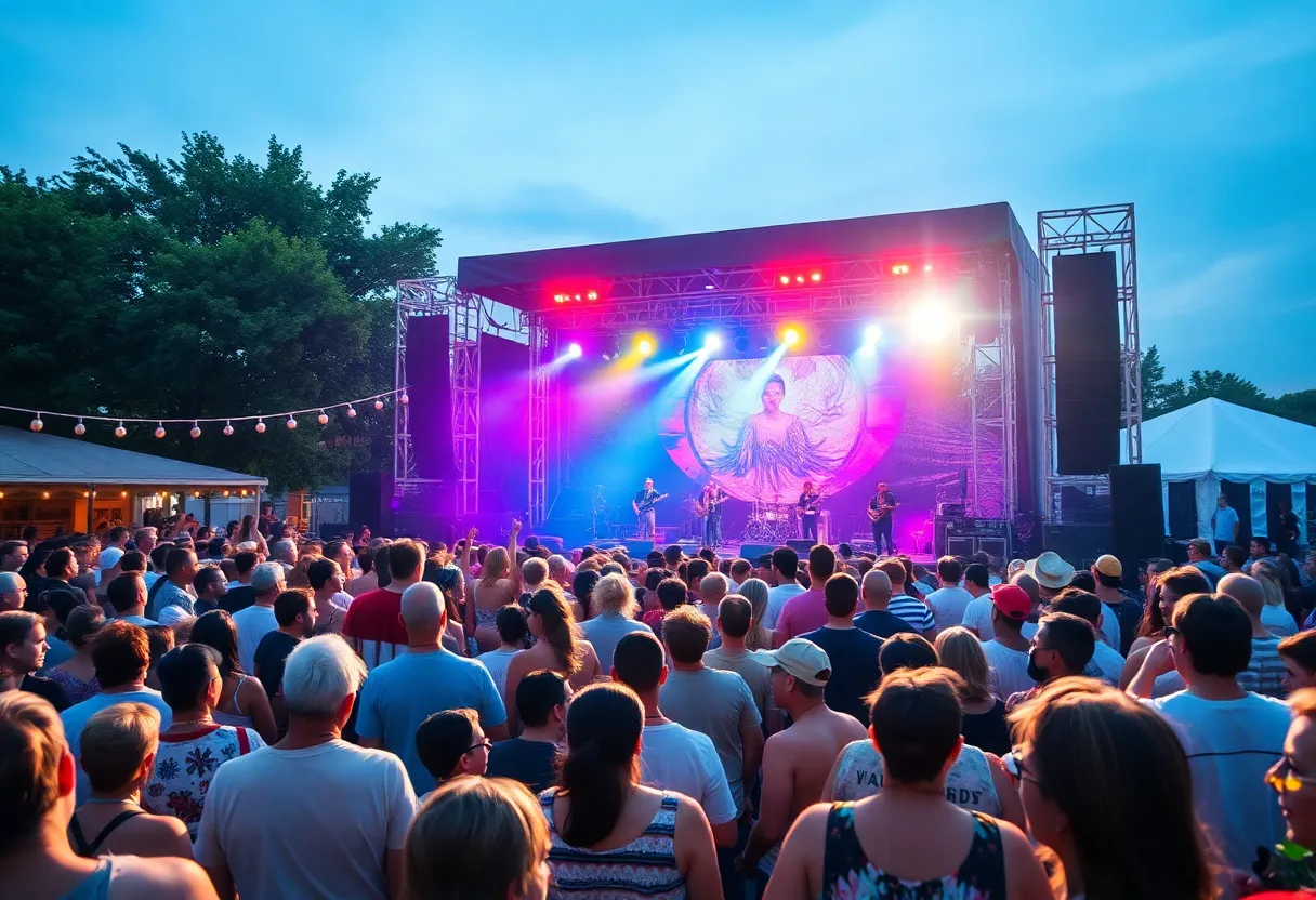 Summer concert in Metro Detroit with a lively crowd and stage decorations