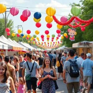 Crowd enjoying summer festivals in Metro Detroit with food trucks and cultural decorations.