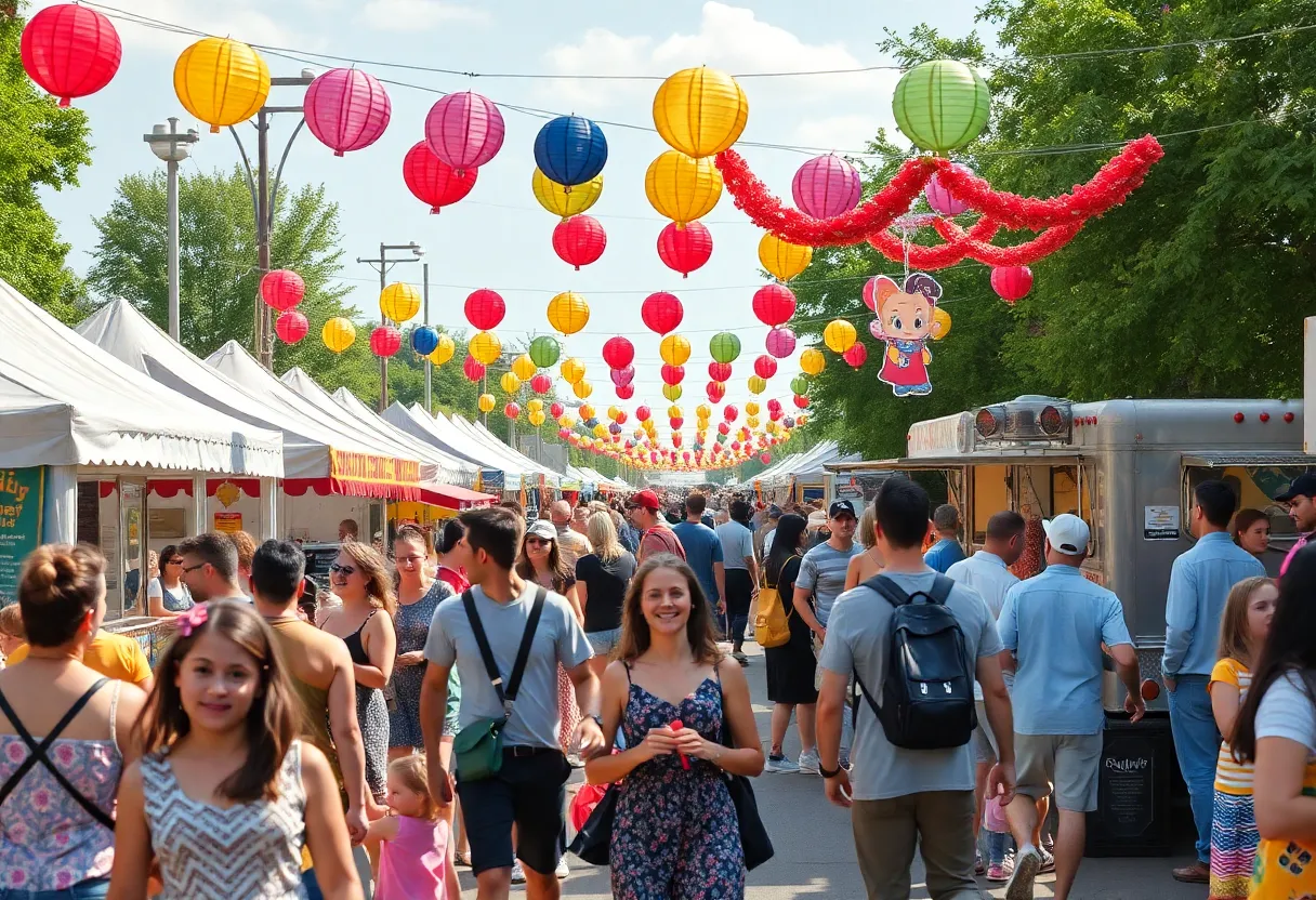 Crowd enjoying summer festivals in Metro Detroit with food trucks and cultural decorations.