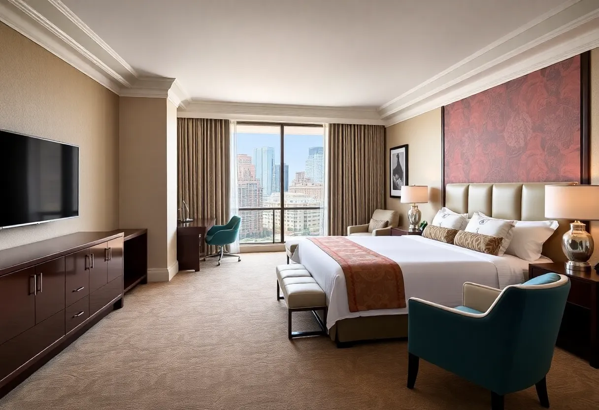 Renovated room at MGM Grand Detroit with modern furniture