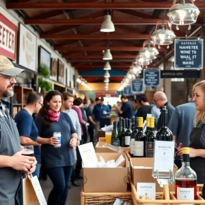 An illustration of Michigan small business owners and their craft products in a lively marketplace.