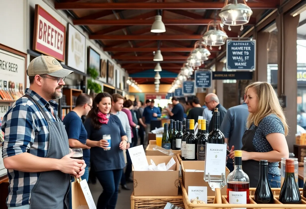 An illustration of Michigan small business owners and their craft products in a lively marketplace.