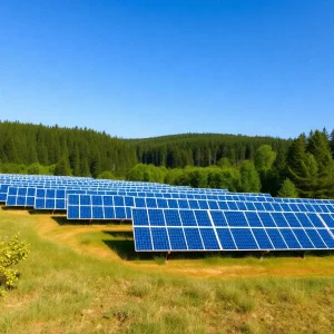 An expansive solar farm with green forest surrounding it.