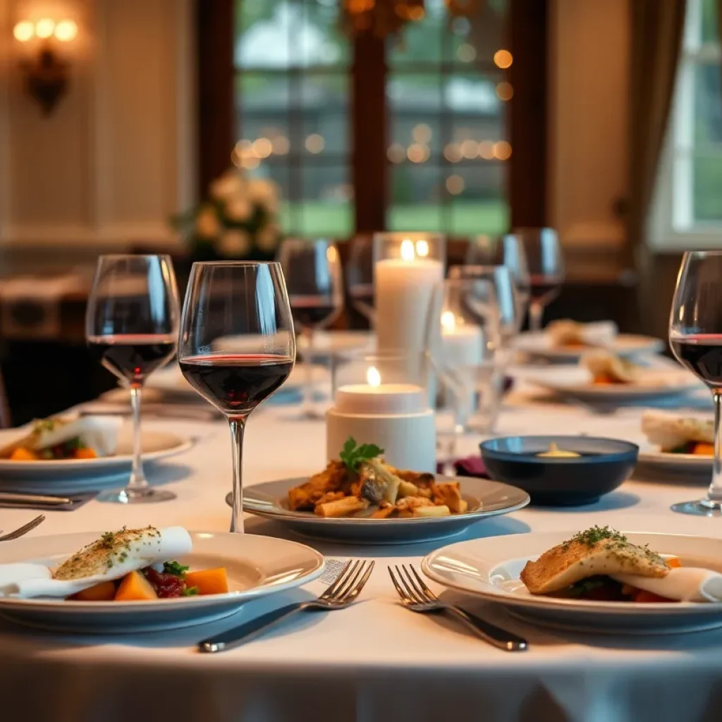 Five-course dinner table featuring gourmet dishes and wine pairings