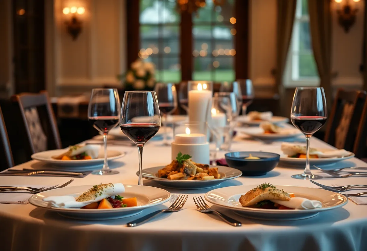 Five-course dinner table featuring gourmet dishes and wine pairings