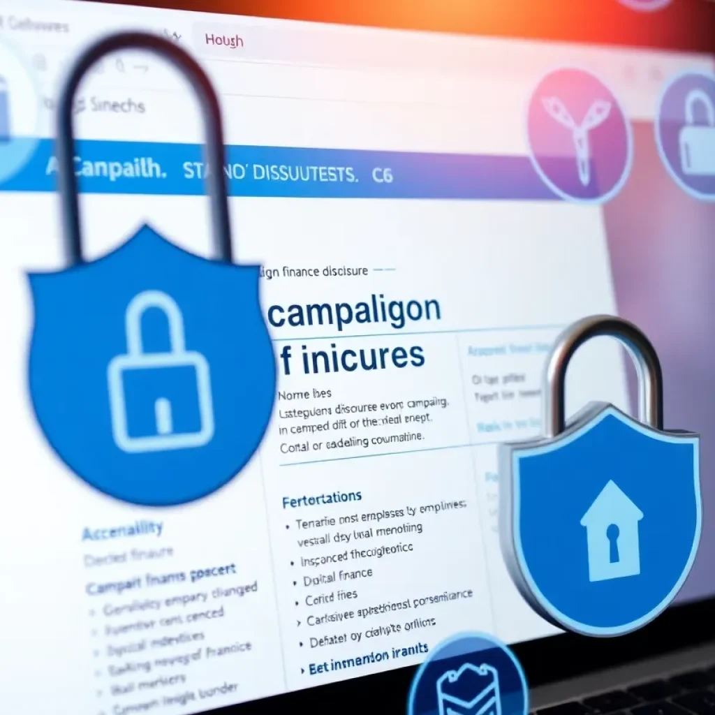 Image depicting a campaign finance disclosure website interface with security symbols.