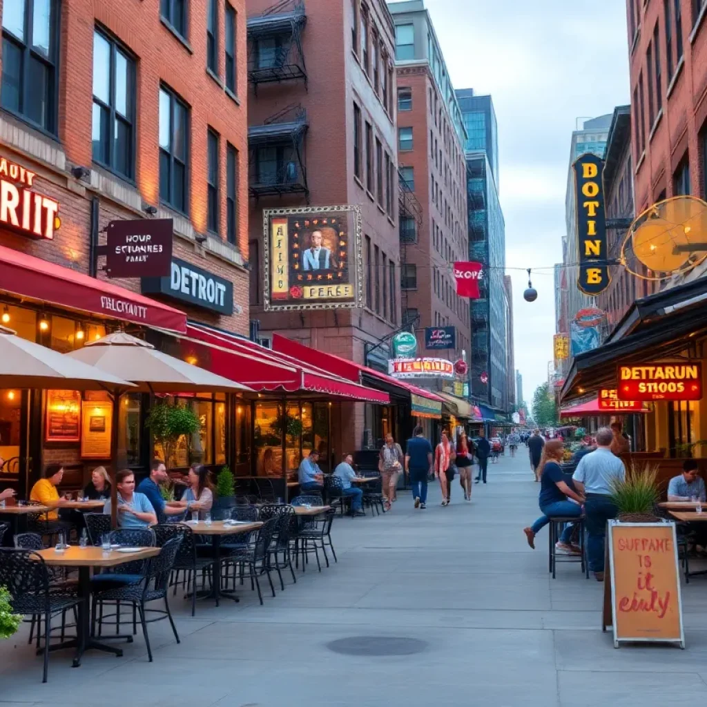 Outdoor dining in Midtown Detroit featuring various restaurants.