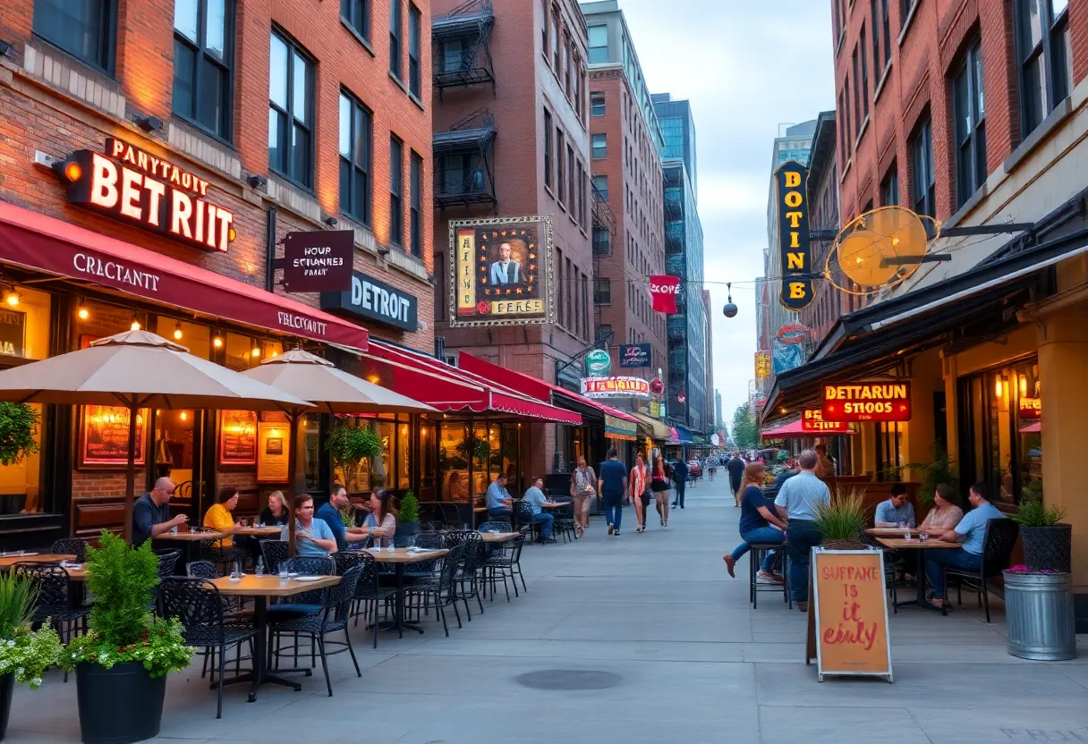 Outdoor dining in Midtown Detroit featuring various restaurants.