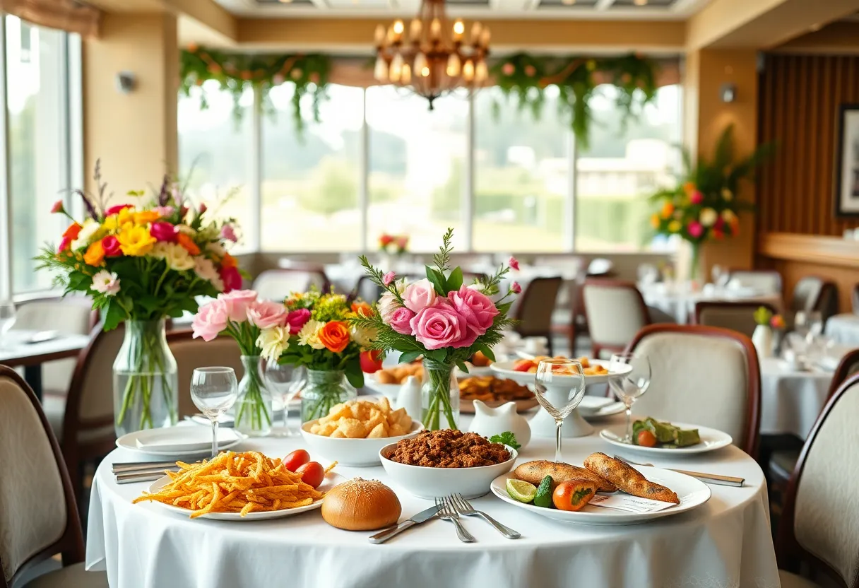 A beautifully arranged table for Mother's Day brunch in Detroit with flowers and food.