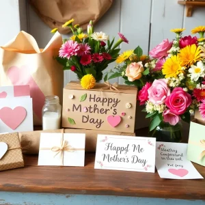 Display of unique Mother's Day gifts with flower bouquets