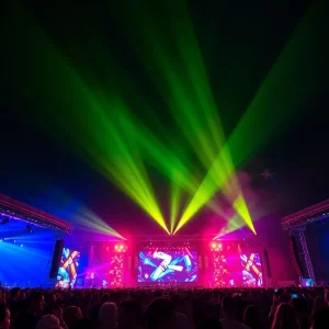 Crowd enjoying the Movement festival in Detroit with stages and vibrant lights