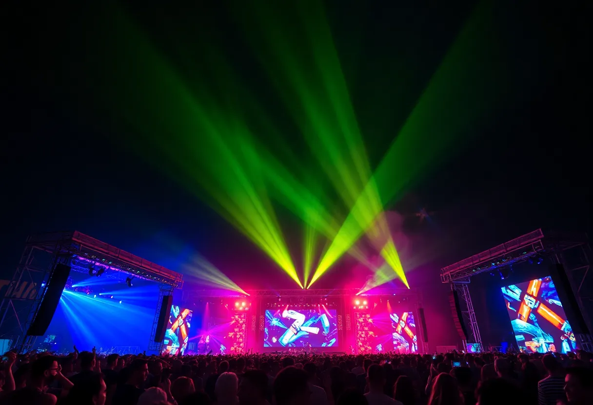Crowd enjoying the Movement festival in Detroit with stages and vibrant lights