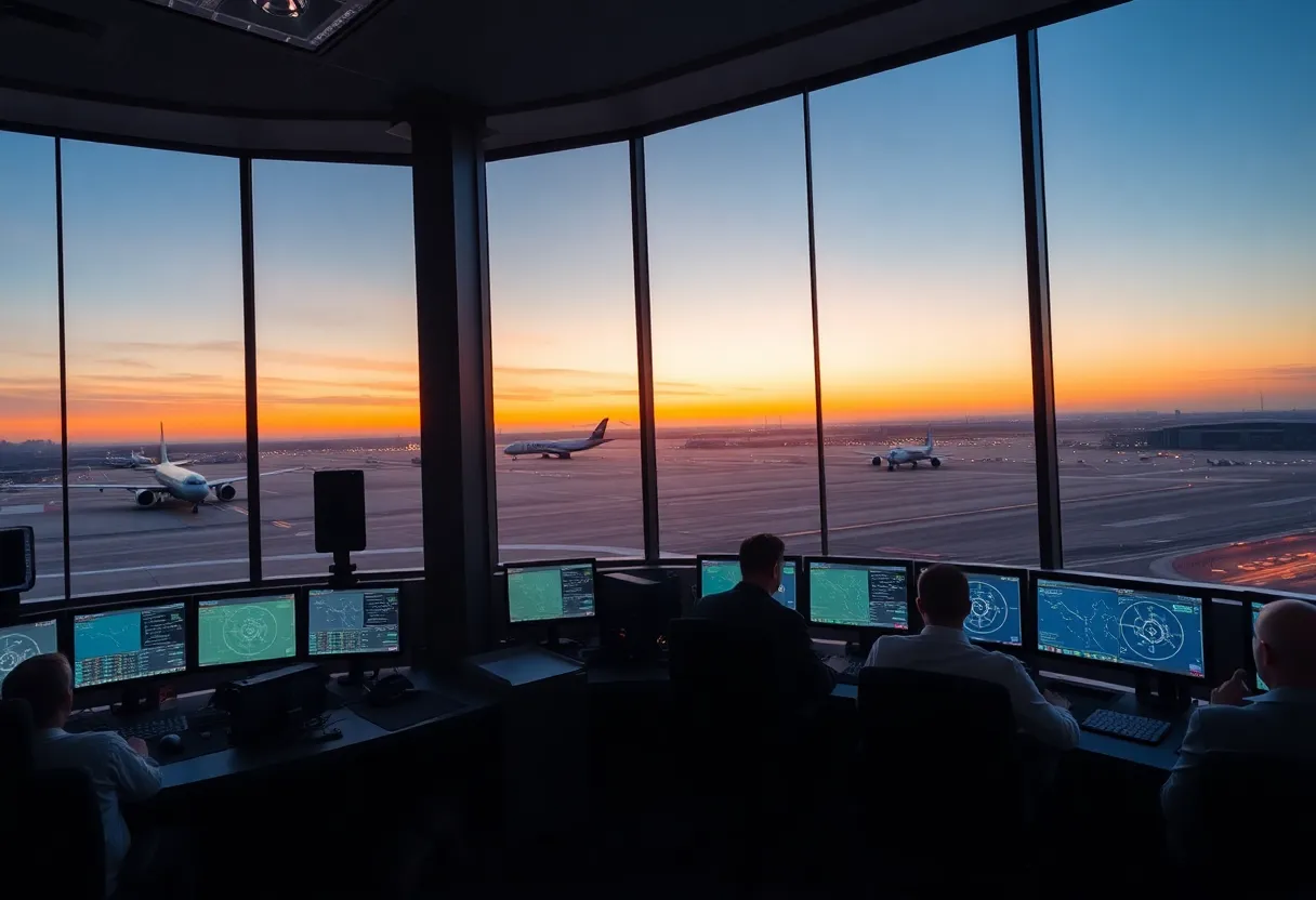 Traffic controllers managing flights at Newark Airport