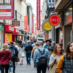 Scene of consumers shopping on a busy street with retail sales signs