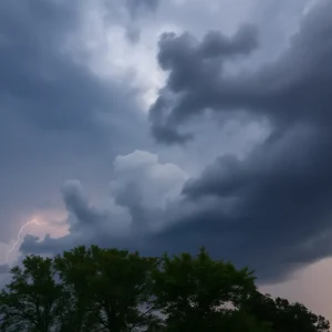 Severe thunderstorms over Metro Detroit with dark clouds and lightning