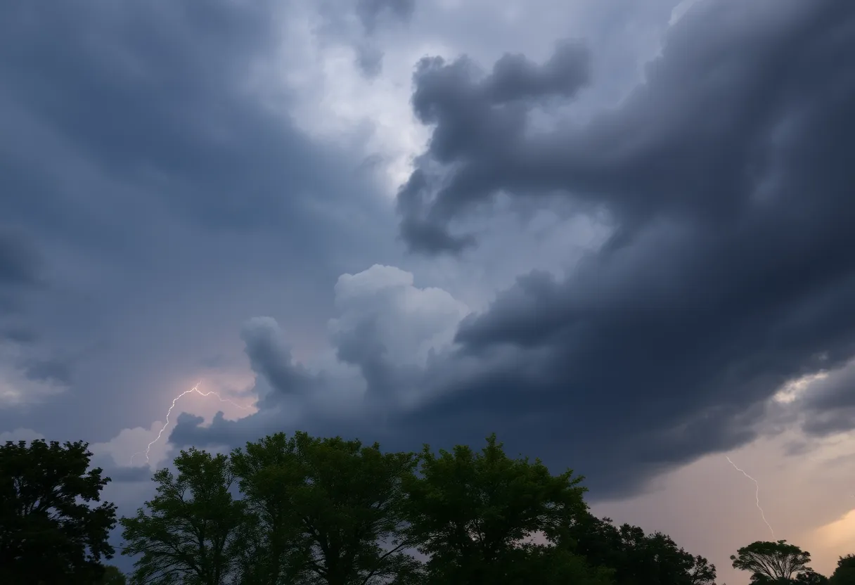 Severe thunderstorms over Metro Detroit with dark clouds and lightning