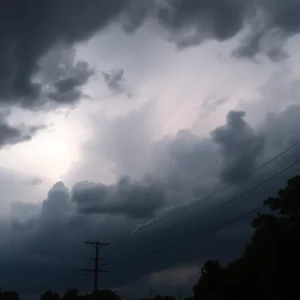 A stormy sky over Michigan with dark clouds and lightning.