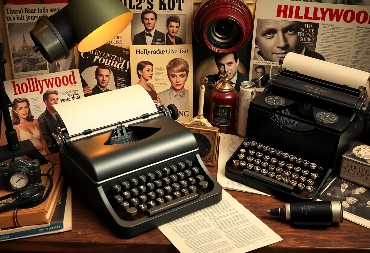 A vintage journalist's workspace with a typewriter and Hollywood memorabilia