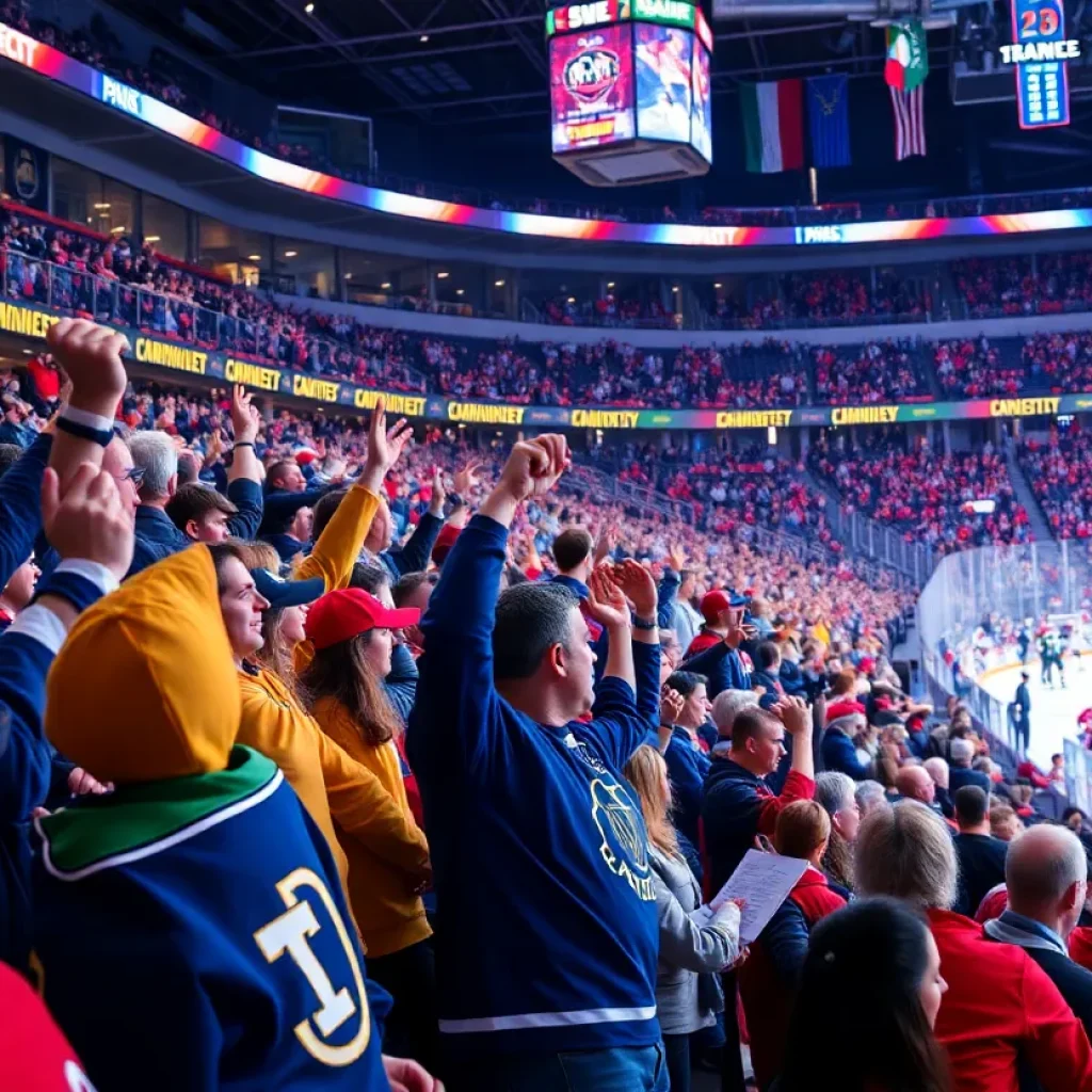 Hockey game at Shoresy Fall Classic with enthusiastic fans