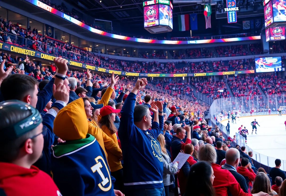 Hockey game at Shoresy Fall Classic with enthusiastic fans