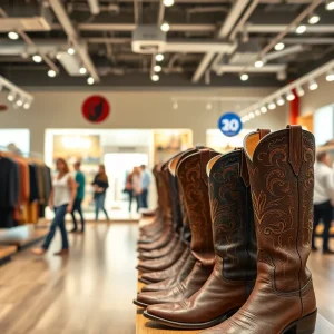 Inside view of Tecovas store featuring cowboy boots and denim
