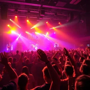 Excited fans at The Weeknd concert with bright stage lights