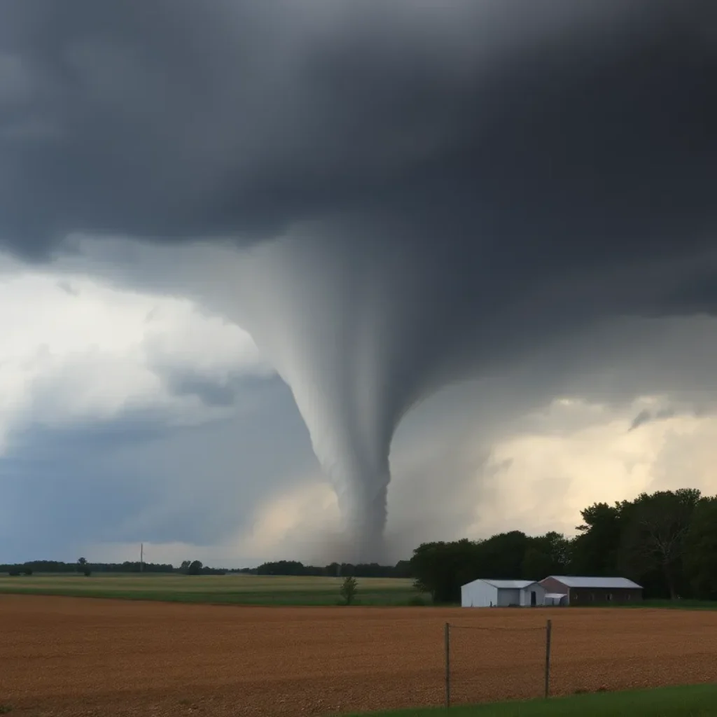 Scene of tornado damage in Michigan with uprooted trees and damaged buildings.