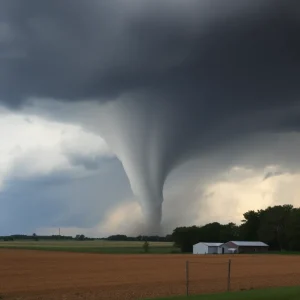 Scene of tornado damage in Michigan with uprooted trees and damaged buildings.