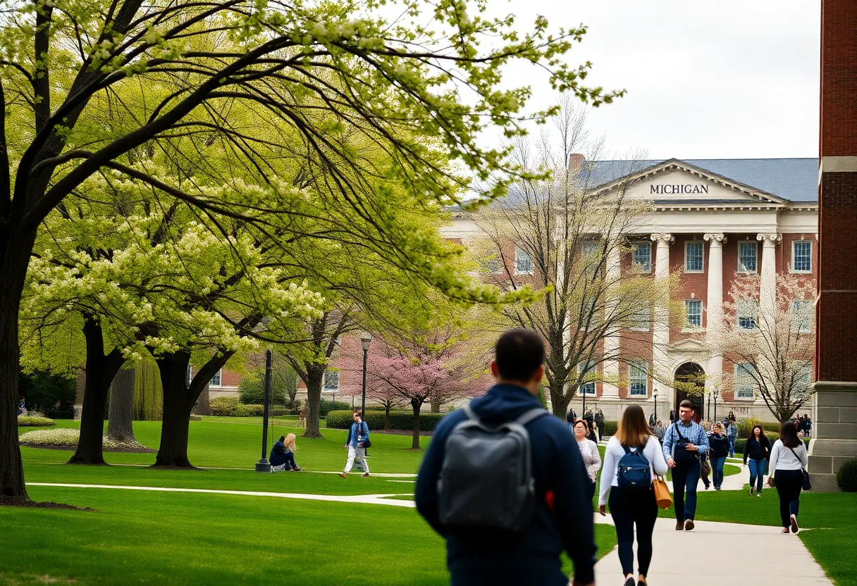 Vibrant view of University of Michigan campus with students