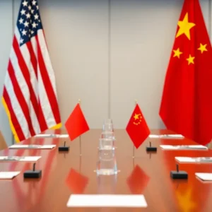 Flags of the U.S. and China displayed during trade negotiations.
