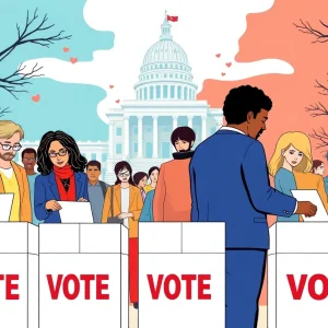 Diverse voters casting ballots in front of a state capitol building