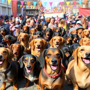A vibrant scene of dachshunds participating in the Wiener Walk event.