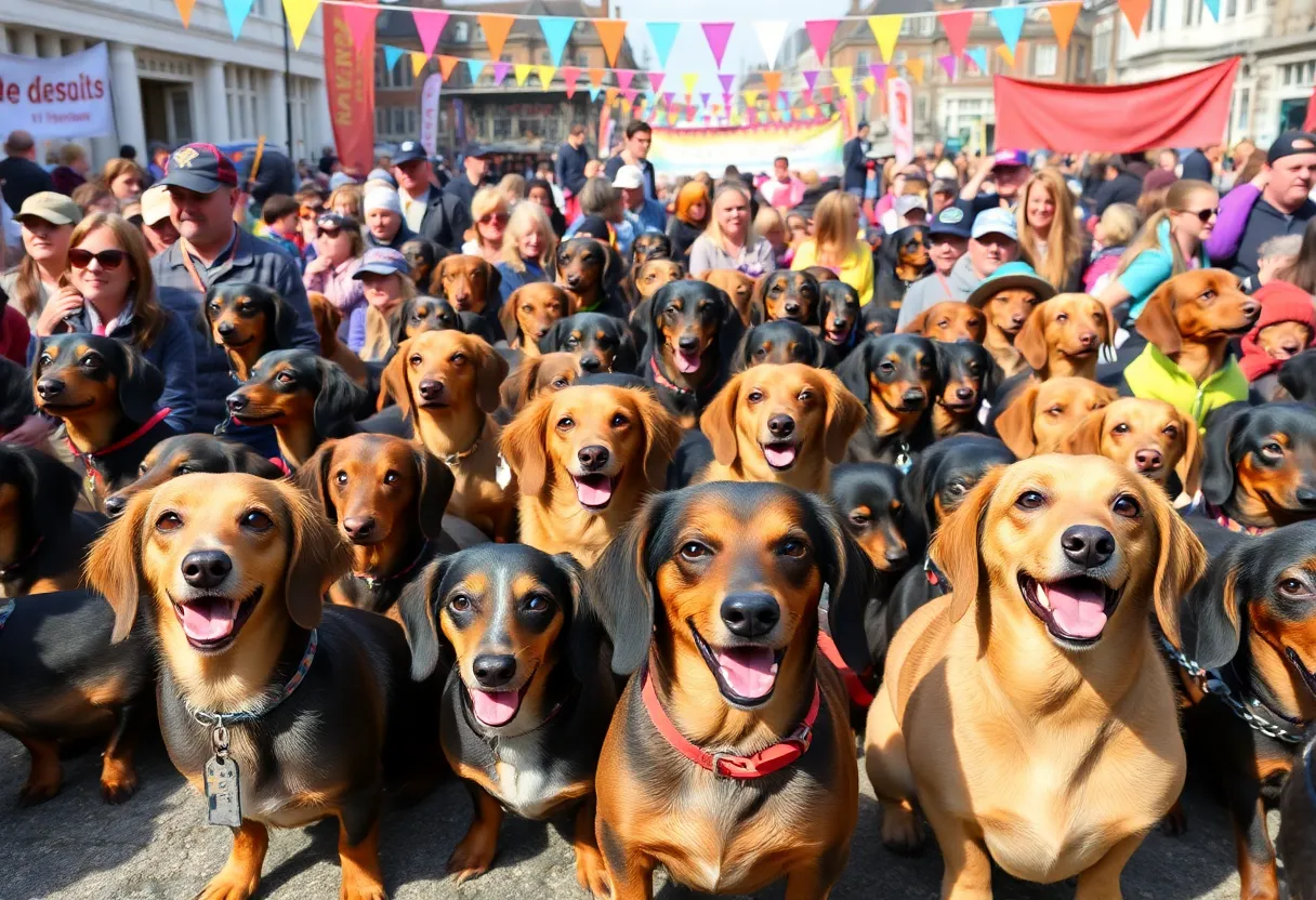 A vibrant scene of dachshunds participating in the Wiener Walk event.