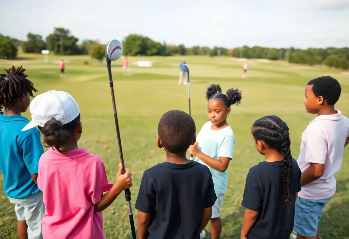 Diverse group of children golfing in Detroit
