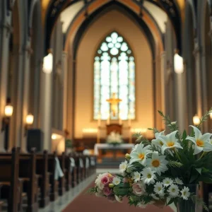 Memorial service setup at a cathedral for Archbishop Byrnes