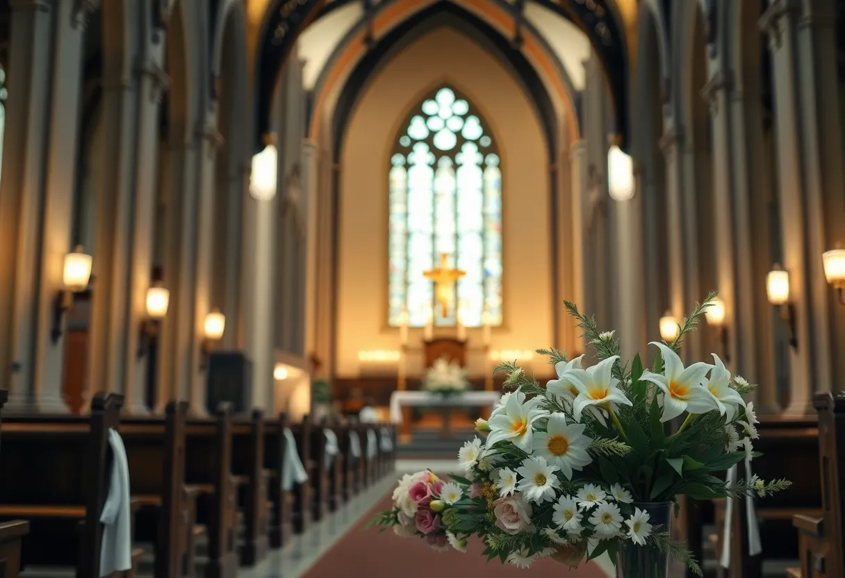 Memorial service setup at a cathedral for Archbishop Byrnes
