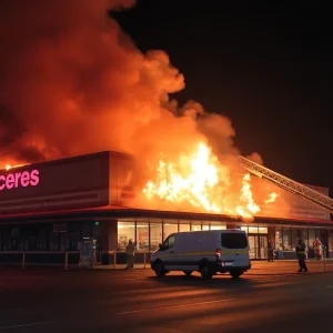 Firefighters responding to a massive blaze at Bailey Park Thriftway grocery store in Battle Creek