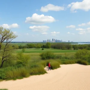 Wide view of Belle Isle Park featuring wooded areas, a beach, and visitors enjoying various activities.