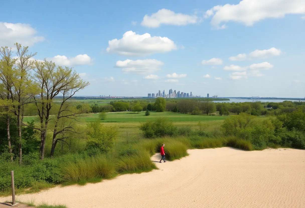Wide view of Belle Isle Park featuring wooded areas, a beach, and visitors enjoying various activities.