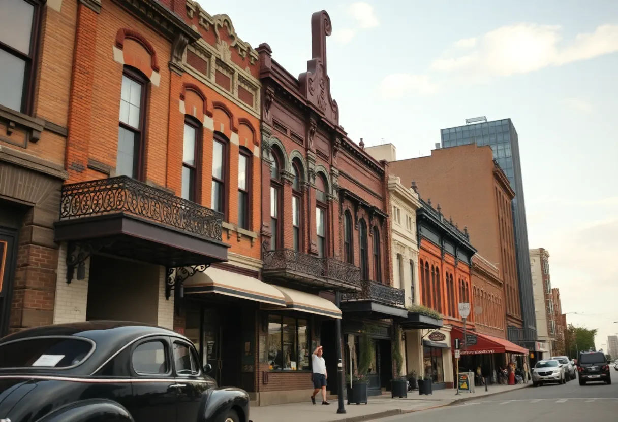 A vibrant 1930s neighborhood scene depicting Black Bottom Detroit's cultural heritage.